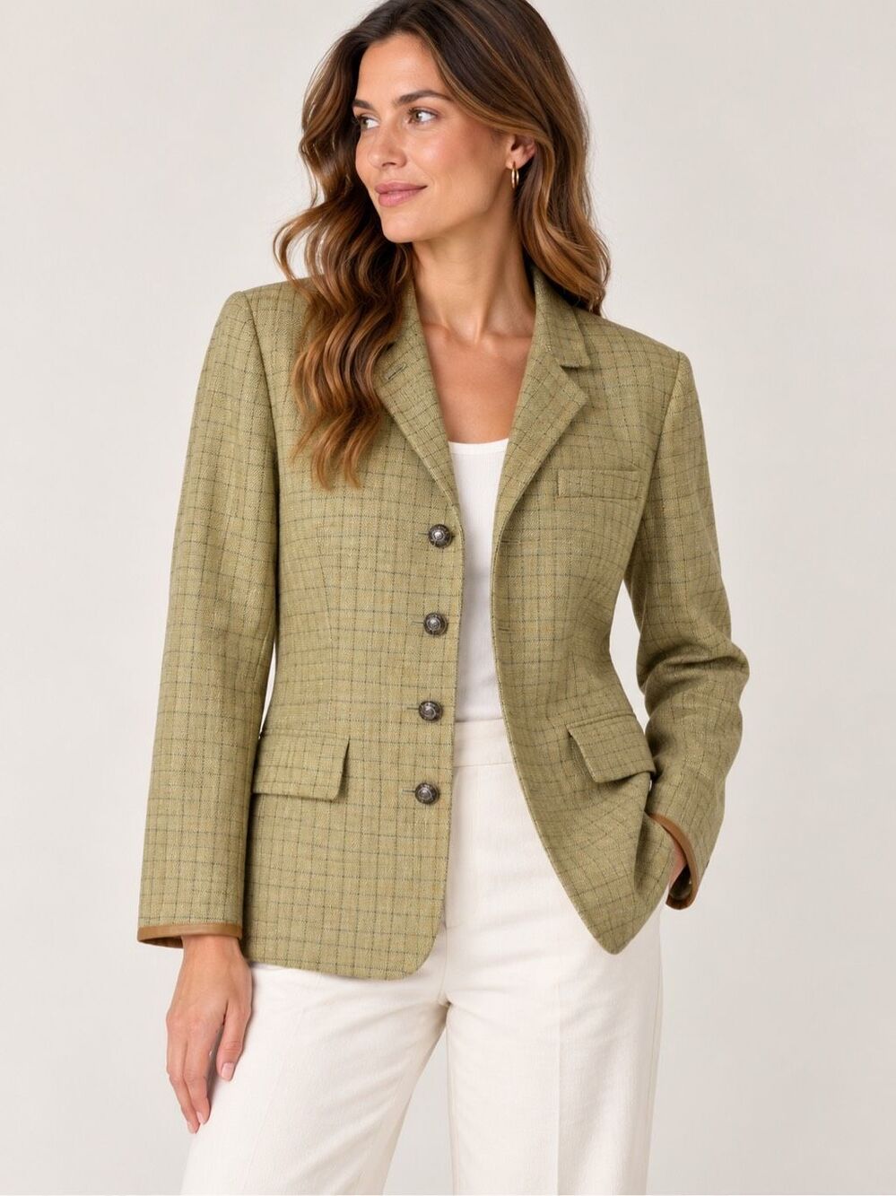 Vintage Ralph Lauren Women’s Blazer 100% Linen Size 8 Petite Tan Beige Plaid